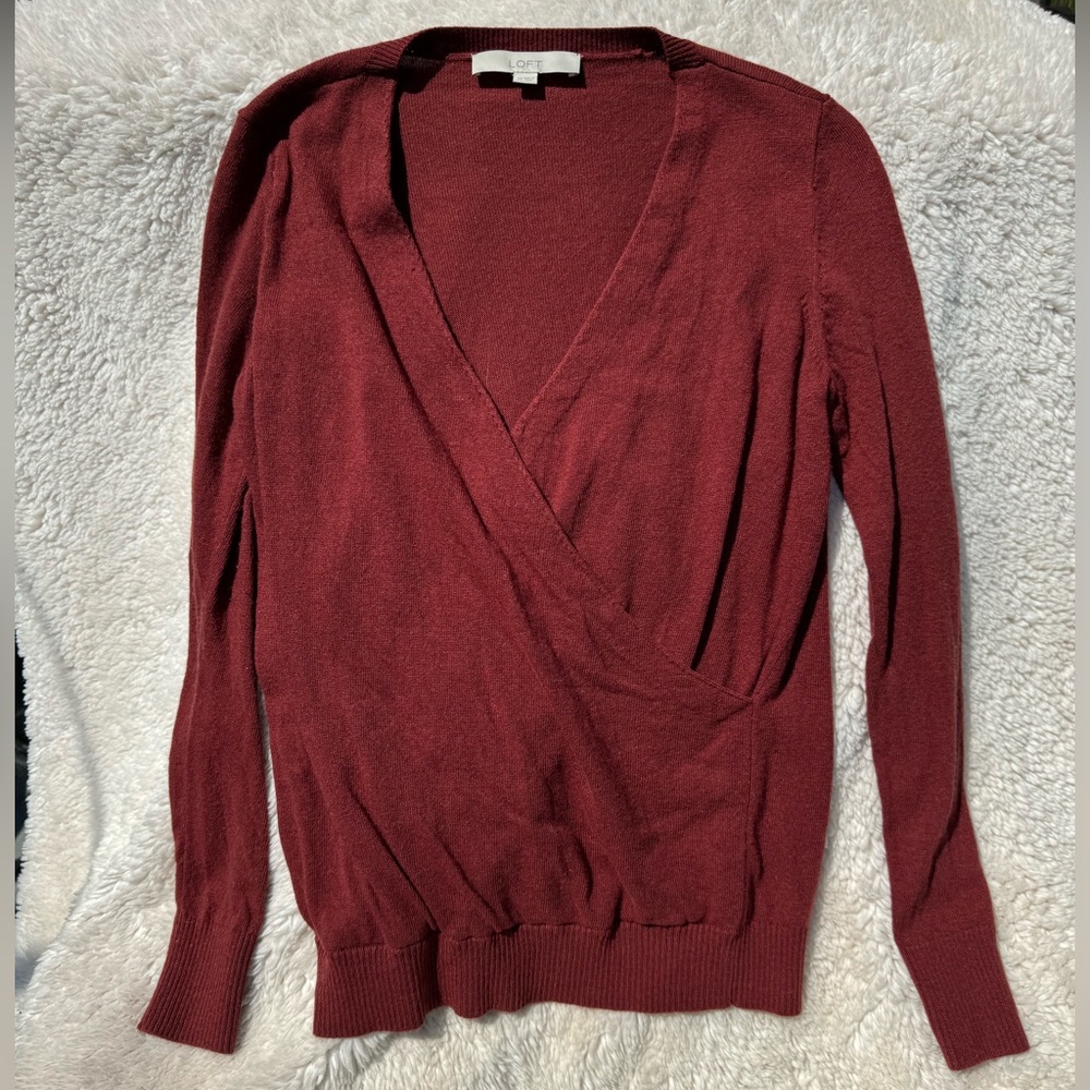 LOFT Crossover Faux Wrap Sweater | Rust Sienna Orange | XS